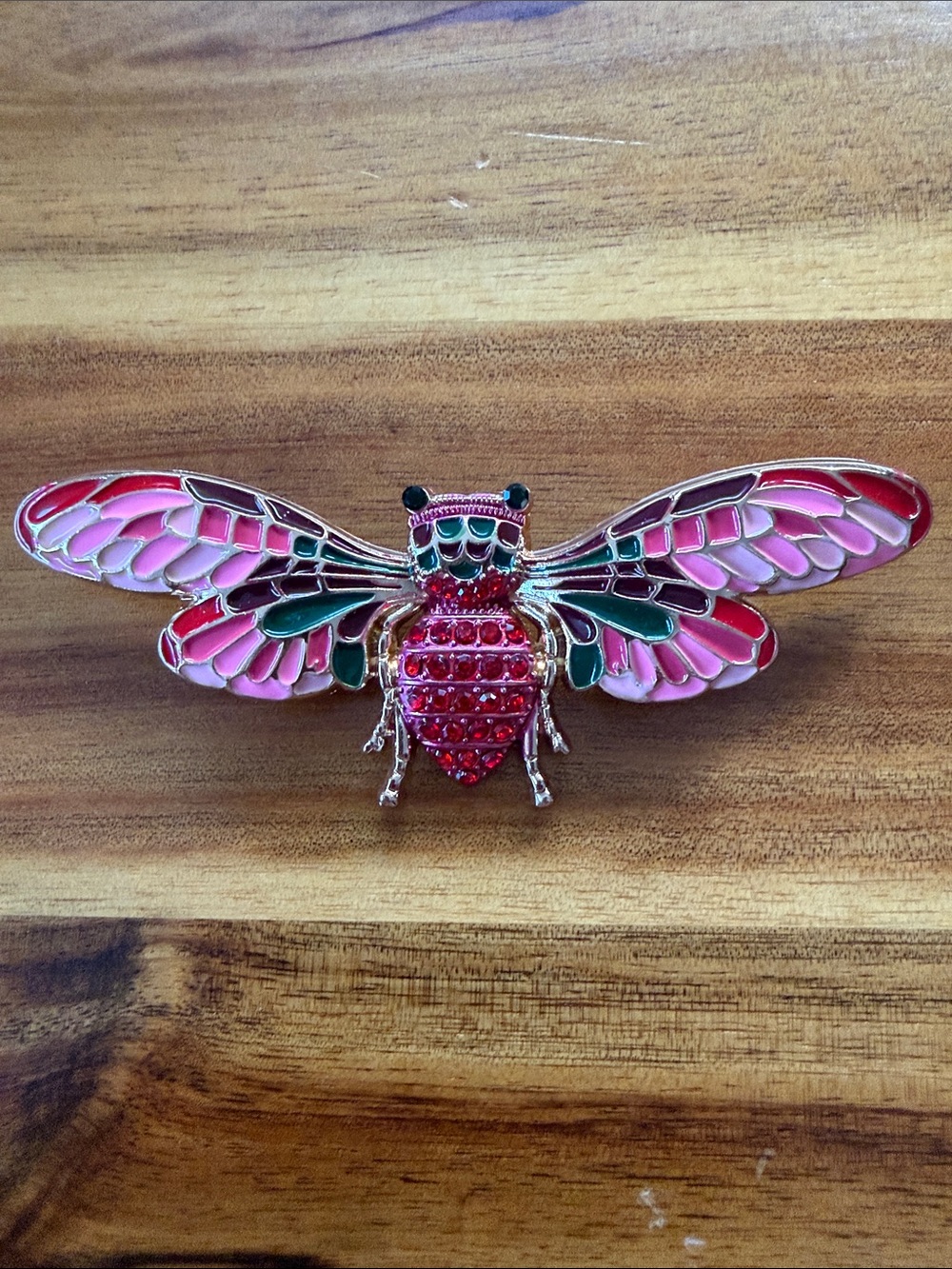 Pink and Red Enamel w/Red Crystals Insect Brooch